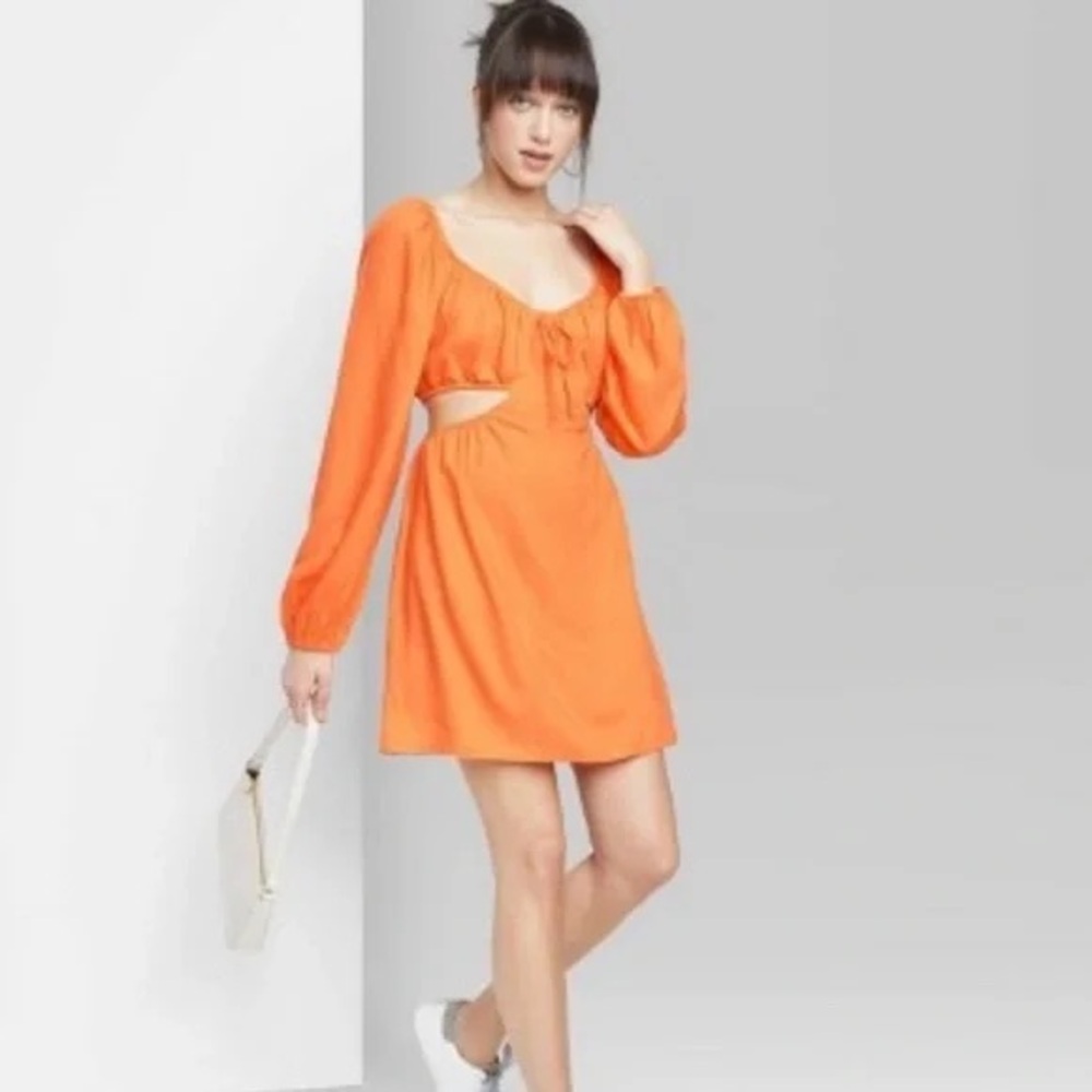 Wild Fable orange linen blend long sleeve cutout dress NWOT Medium